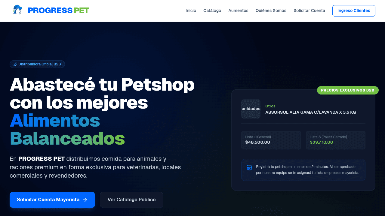 Progress Pet: catálogo mayorista de alimentos para mascotas, con dos listas de precios para el mismo producto y registro de petshops sujeto a aprobación