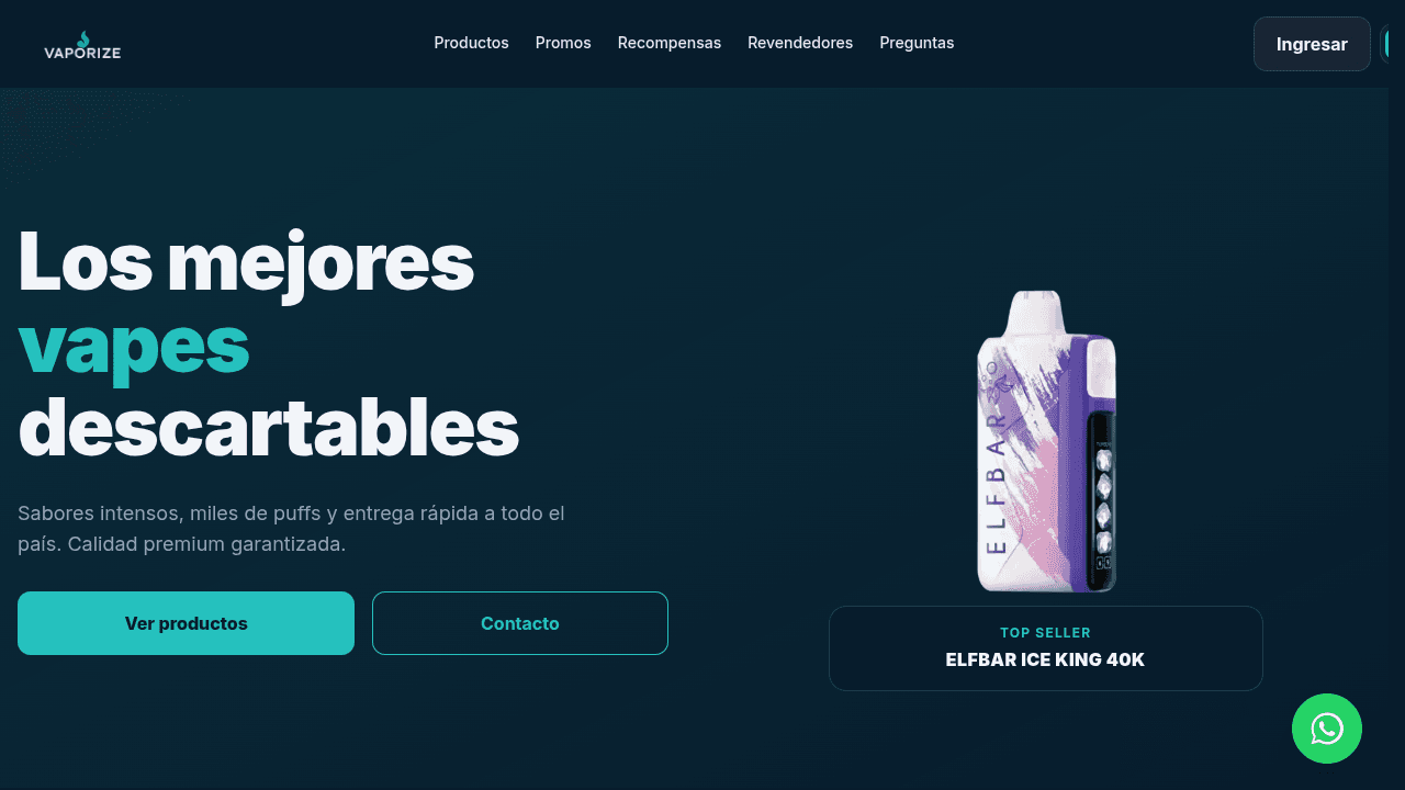Home del sistema de Vaporize, con las secciones de productos, promociones, recompensas y revendedores